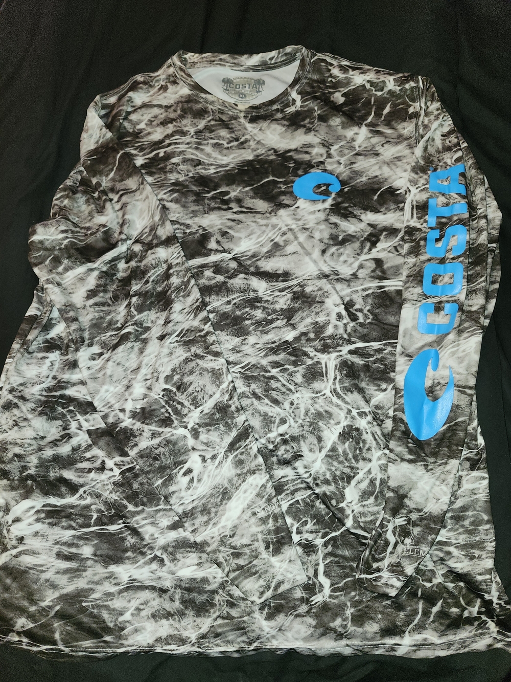 Costa Long Sleeve Performance Shirt in Black Marble with Blue Logos